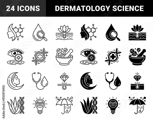 Dermatology and Aesthetic Skincare Symbols Merging Clinical Science with Organic Ingredients Featuring DNA Strands Medical Crosses and Botanical Extracts