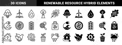 Sustainable energy hybrid icons merging nature and utility featuring solar leaf wind book water recycle and bulb flower symbols in outline and solid style