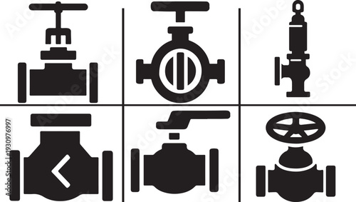 Industrial plumbing pipe valve icons set of four black silhouette control mechanism symbols.