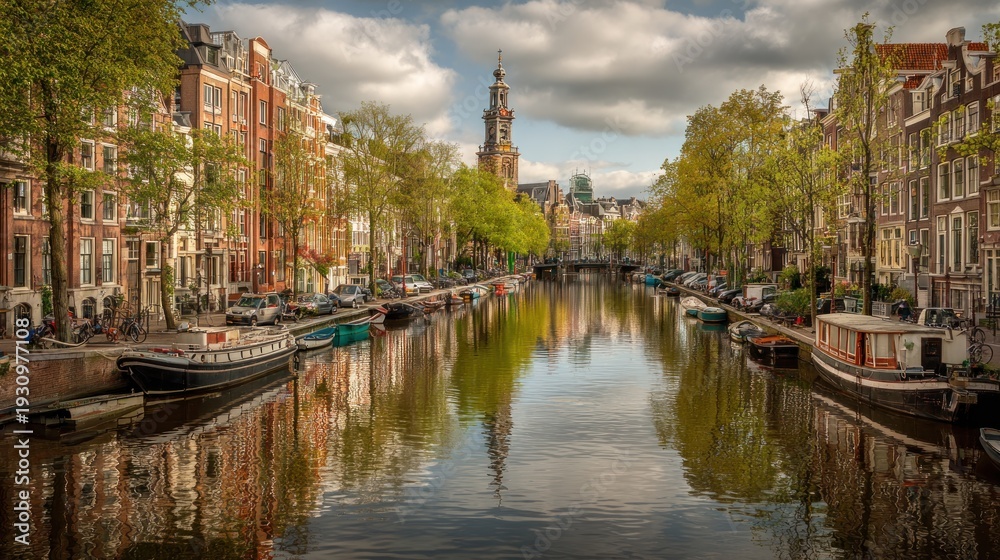 Fototapeta premium Canal lined with buildings with reflections and a tower under a cloudy sky
