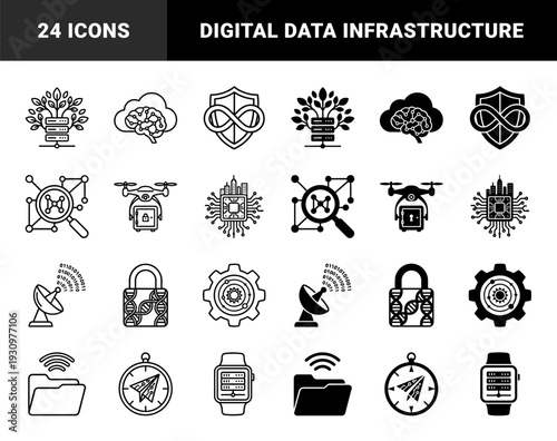 Hybrid technology and data infrastructure symbols merging organic growth with digital systems featuring server trees cloud brains and secure drone delivery