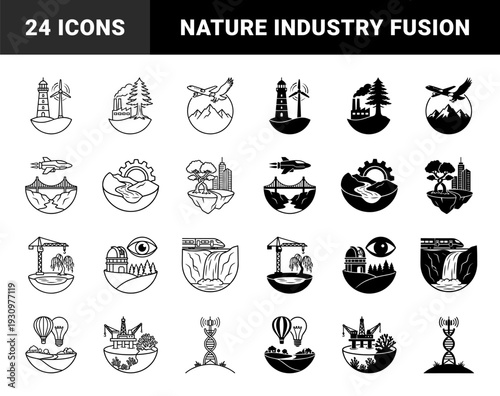 Black and white hybrid symbols merging industrial technology with natural elements featuring lighthouse wind turbine and airplane mountain landscape