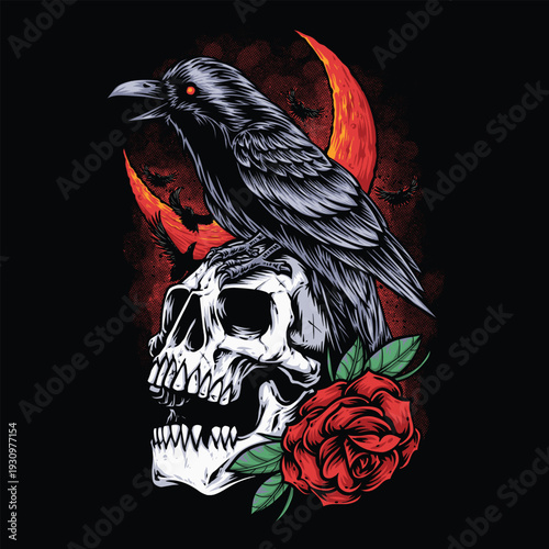 Dark Gothic Raven on Skull with Red Rose and Blood Moon Background

Mystical Black Crow Perched on Human Skull Dark Fantasy Illustration

Gothic Skull with Raven and Red Rose Tattoo Style Artwork
