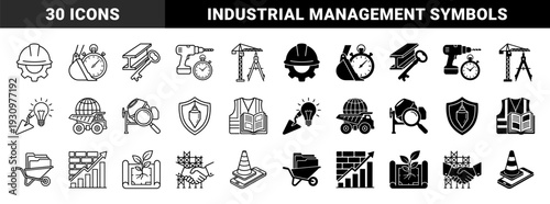 Construction and Engineering Hybrid Symbols Merging Industrial Tools with Management Concepts in Outline and Solid Dual Style for Building Projects