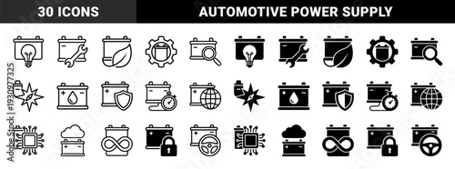 Automotive battery energy management symbols featuring hybrid concepts like global power green electricity and smart vehicle charging diagnostic tools