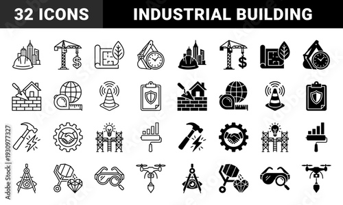 Construction and Engineering Icon Set Featuring Hybrid Symbols Merging Industrial Tools with Project Management Financial Growth and Sustainability Concepts