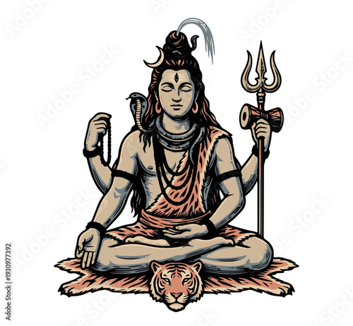 Seated deity meditates with trident, serene illustration