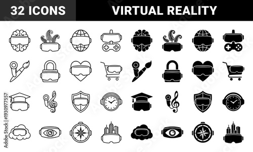 Extended reality hybrid symbols merging virtual goggles with diverse concepts like organic growth education commerce and navigation in outline and solid styles