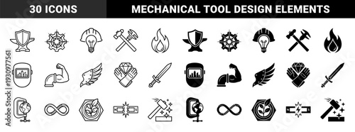 Industrial hybrid symbols merging craftsmanship and engineering with anvil shields gear lightbulbs welding masks hammers and globe clamps