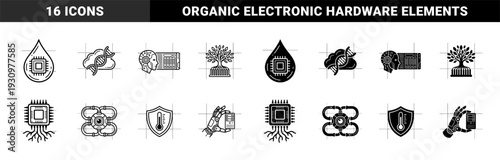 Hybrid technology and nature icons featuring organic biological elements merged with electronic circuits and microchips in outline and solid styles