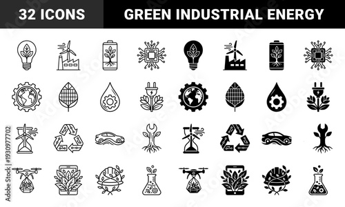 Sustainable technology and green energy symbols featuring organic leaf integration with industrial machinery wind turbines and electronic circuitry components