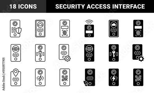 Smart intercom and doorbell interface line symbols featuring integrated biometric security cloud connectivity and energy management functions in a hybrid minimalist style