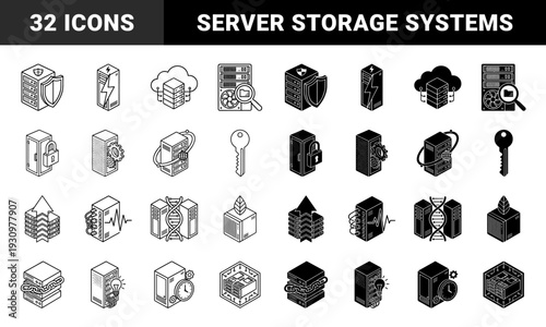 Isometric hybrid server and data center icons featuring integrated symbols for security cloud computing energy efficiency biotechnology and network timing