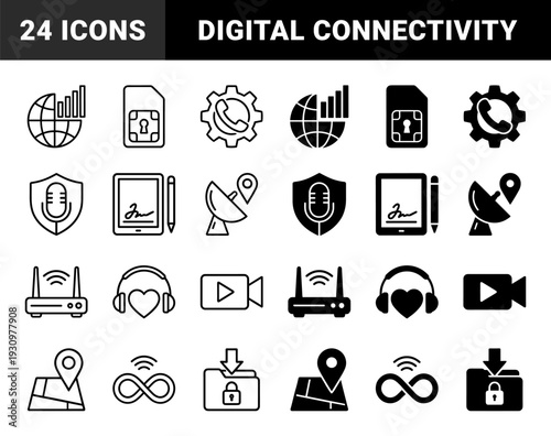 Communication and Connectivity Hybrid Symbols Featuring Locked SIM Cards Satellite Tracking Global Data Charts and Digital Signature Tablets in Outline and Solid Style