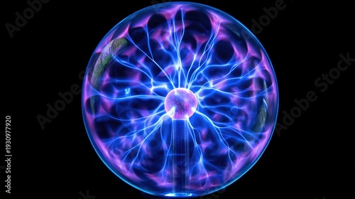 Plasma ball with vibrant electrical discharges illuminating a dark background