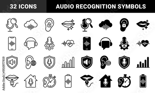 Biometric Voice Recognition and Audio Security Icon Set Featuring Sound Waves Integrated with Microphones Ears Shields and Biometric Lip Scans