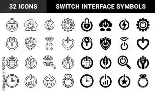 Abstract power symbols merged with diverse metaphors including lock cloud gear eye shield heart globe leaf search wrench clock signal star and diamond ring