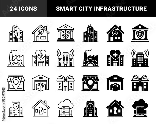 Hybrid building symbols featuring architectural structures merged with technology data health environment and logistics elements in outline and solid styles