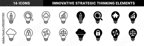 Collection of hybrid lightbulb symbols merging conceptual ideas with creative tools and analytical metaphors for business innovation and strategic thinking