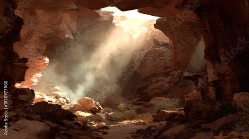 Bright sunlight streams into a shadowy cavern entrance illuminating dust particles in the arid environment