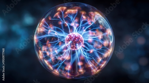Abstract energetic glowing plasma ball electric multicolored charges inside neon blue magic sphere particles dark background glass shiny orb electricity cosmic energy sci fi visual