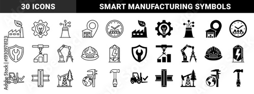 Industrial Manufacturing and Sustainable Energy Hybrid Symbols Featuring Smart Factory Production Automation and Green Infrastructure Design Elements
