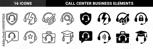 Headset communication symbols merged with shield bolt graph magnifying glass lock star wave briefcase and mortarboard in outline and solid styles