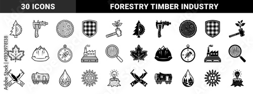 Forestry industry and woodworking hybrid symbols featuring timber processing equipment merged with natural elements in outline and solid styles