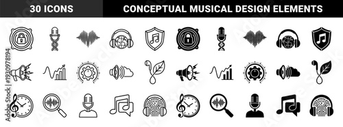 Hybrid audio symbols merging musical notes and sound waves with diverse concepts like biology dna clocks earth globes and nature leaves in outline and solid styles