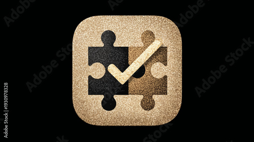 A textured icon depicts a completed puzzle with a checkmark on a black background