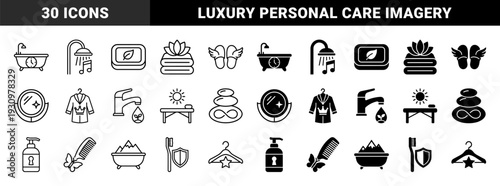 Luxury wellness and spa hybrid symbols featuring combinations of bathtubs with mountains clocks musical notes and organic leaf elements in dual styles