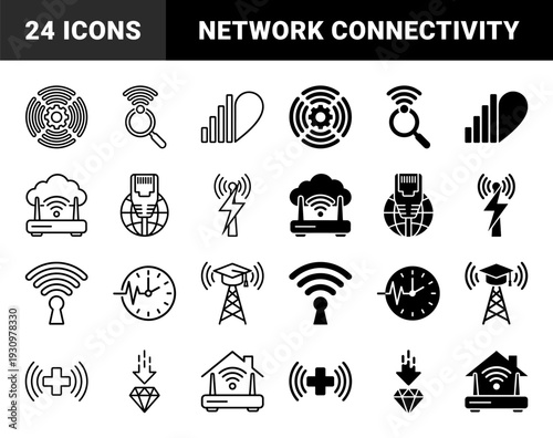Black and white hybrid icons merging wireless signal symbols with industrial gears magnifying glasses ethernet cables and academic elements