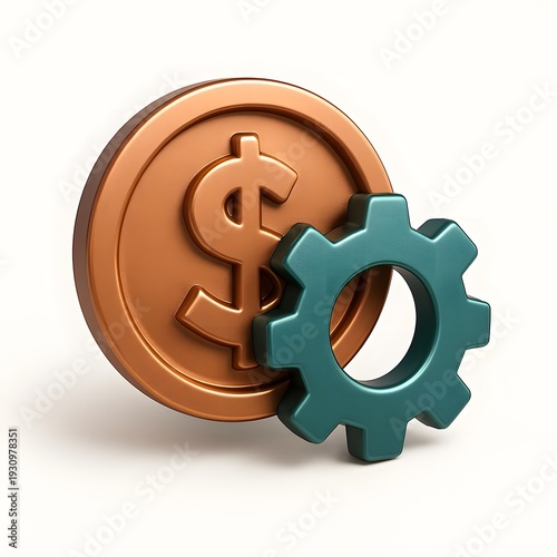 3D Dollar Coin and Gear Icon Isolated on White; Concept for Financial Engineering, Revenue Management, Business Optimization, Fintech, and Strategic Investment