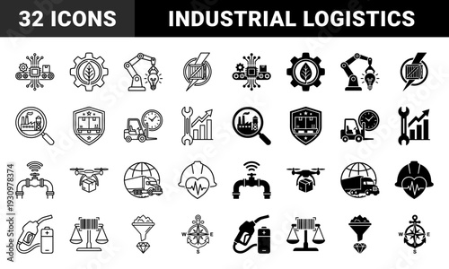 Industrial supply chain and logistics hybrid symbols featuring integrated manufacturing shipping and sustainable energy production concepts in dual styles