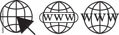 Globe icons set, WWW world wide web set site symbol. Internet and world wide web globe icons