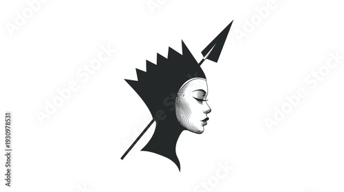 A woman's profile with a geometric headdress, arrow and detailed shading on a white backdrop