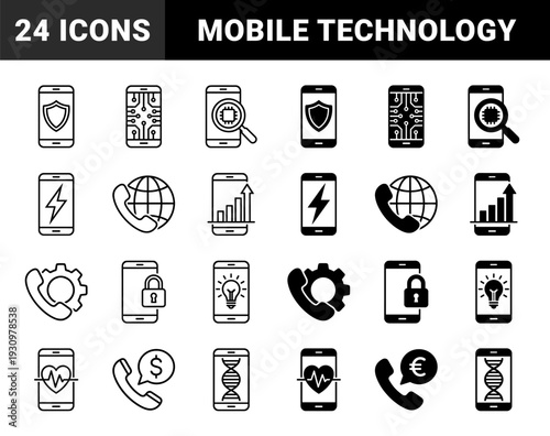 Hybrid mobile communication and technology symbols featuring smartphone silhouettes merged with security shields hardware circuits and data analytics