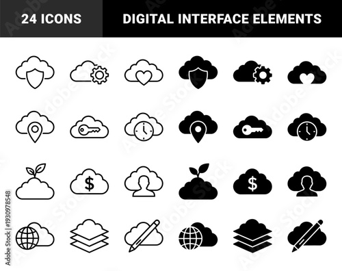 Cloud hybrid symbols featuring integrated security shield settings gear heart location pin key clock seedling money sign profile globe and pencil