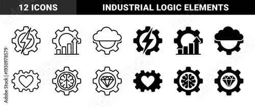 Hybrid gear symbols merging industrial mechanical cogs with lightning bolt progress chart cloud heart brain diamond magnifying glass and network node elements