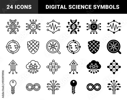 Hybrid technology and science symbols merging digital circuitry with organic dna strands data clouds connectivity nodes and quantum physics elements