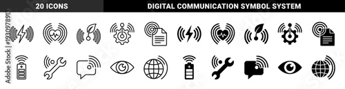 Hybrid communication symbols merging wireless signal waves with industrial gear battery globe heart and nature elements in linear and solid styles