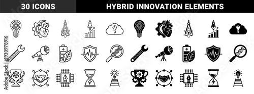 Hybrid conceptual symbols merging technology with organic and industrial elements featuring heart gears circuit lightbulb and DNA magnifying glass