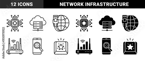 Abstract networking and connectivity symbols featuring integrated circuit microchips cloud server storage global ethernet connection and mobile tracking digital hardware