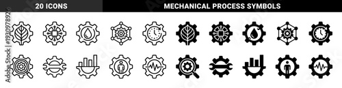 Industrial Gear Hybrid Concept Symbols Featuring Integrated Leaf Growth Microchip Circuit Water Drop Clock Time Magnifier Wrench Graph Pulse and Human Figure