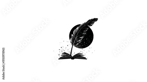 A black and white illustration of an open book with a feather quill and a speckled circle