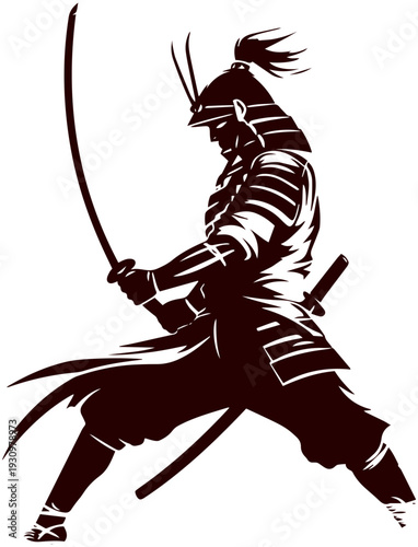 Samurai warrior in dynamic sword fighting stance with katana
