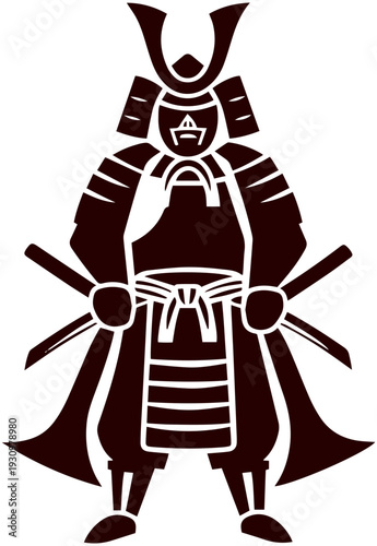 Samurai warrior in traditional armor standing heroically with swords