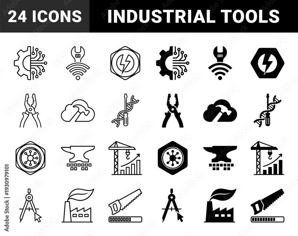 Fototapeta premium Industrial fabrication and digital construction symbols merging mechanical tools with data connectivity and structural engineering elements in outline and solid styles