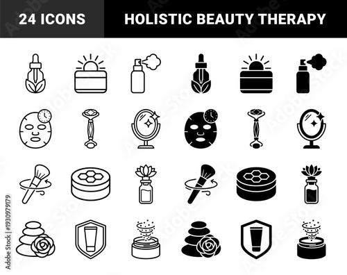Skincare and holistic wellness symbols featuring hybrid botanical elements and spa therapy tools in both outline and solid glyph styles for organic beauty branding