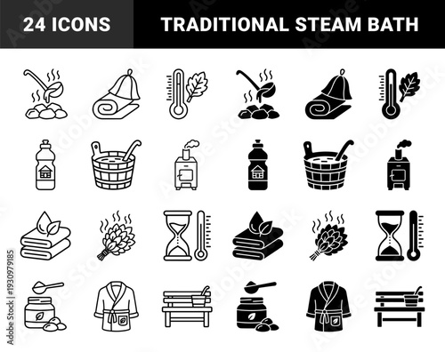 Traditional Finnish sauna and spa wellness elements featuring dual outline and solid hybrid styles for heat therapy relaxation and banya ritual